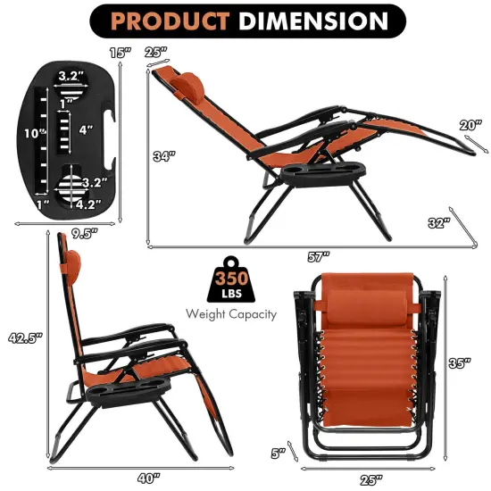 Costway Folding Zero Gravity Reclining Lounge Chairs Beach Patio with Utility Tray Orange {8}