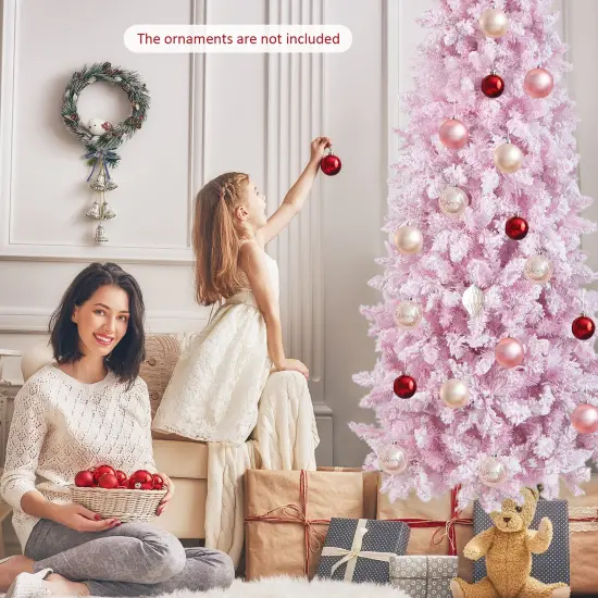 Costway 7FT Pre-Lit Snow Flocked Hinged Pencil Christmas Tree w/ 300 Lights & 8 Modes {5}