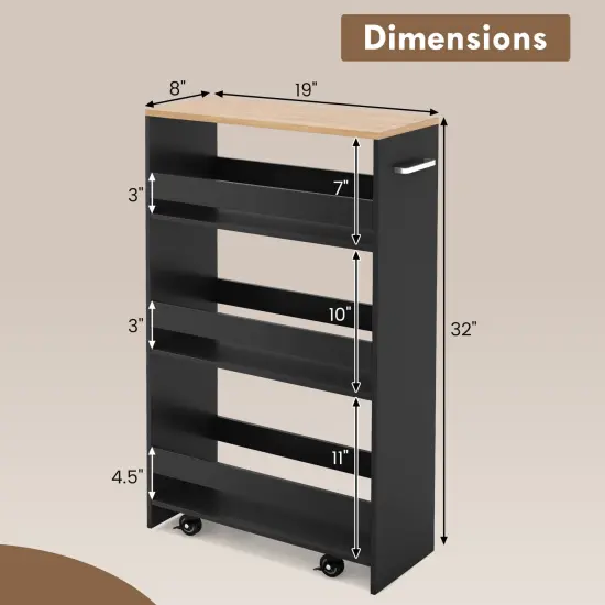 4-Tier Rolling Storage Cart Slim Kitchen Cart on Wheels with Open Shelves and Handle Black {5}