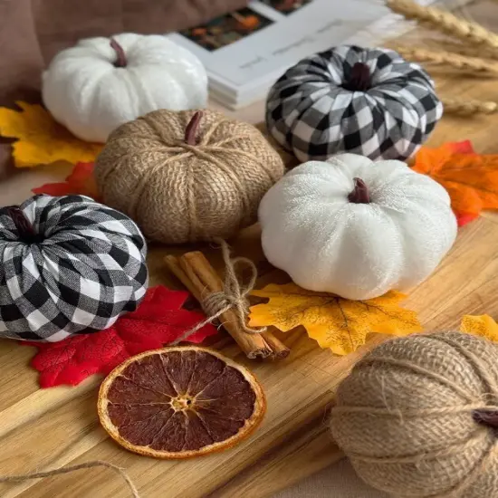 12 PCS Plaid & Burlap Faux Pumpkins &ndash; Small Fabric Foam Pumpkins in Black & White for Fall Decor, Thanksgiving, Halloween, Wedding & Farmhouse Decorations {3}