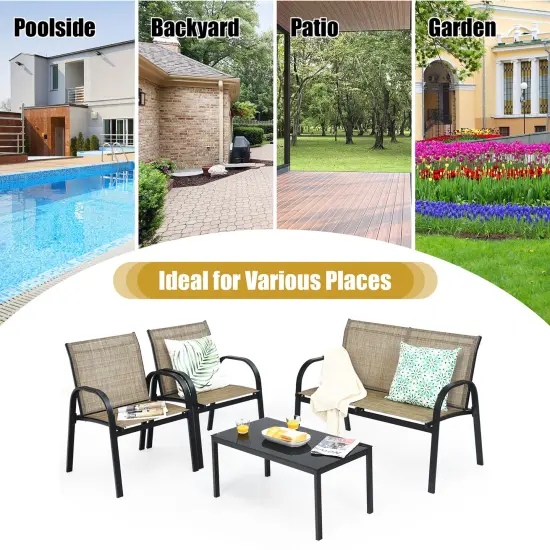 Costway 4 PCS Patio Furniture Set Sofa Coffee Table Steel Frame Garden Brown {3}