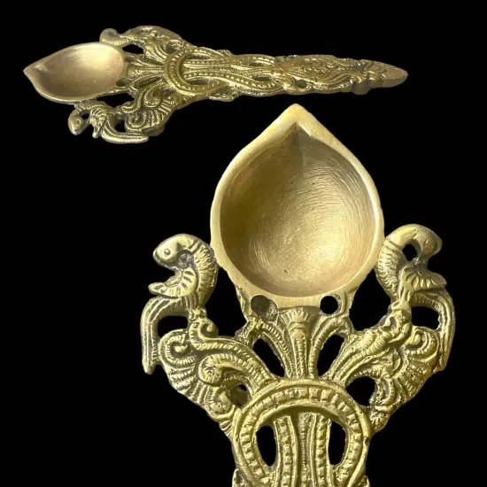 Brass Pooja Aarti Spoon 1 Pc Diya Twin Peacock Design Round Hawan Spoon for Pouring Ghee in Hawan Kund Diwali Gift Ethnic Indian Aarti Spoon Wedding Return Gifts Home Temple Decor {4}