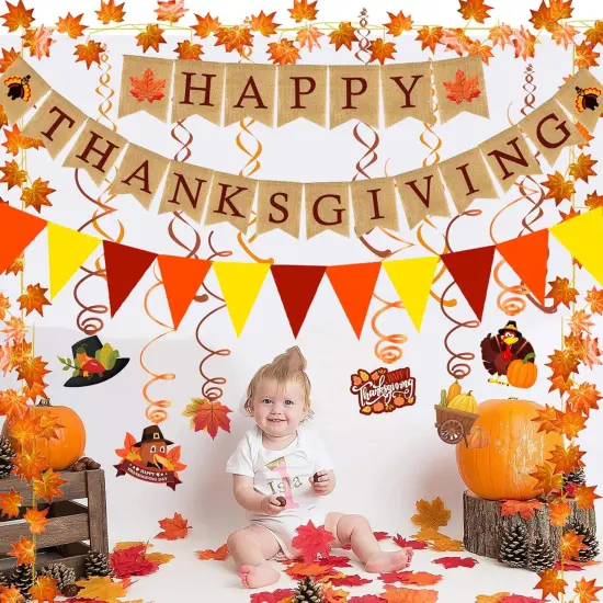Happy Thanksgiving Burlap Banner (Red, Orange, Yellow, Brown) {5}