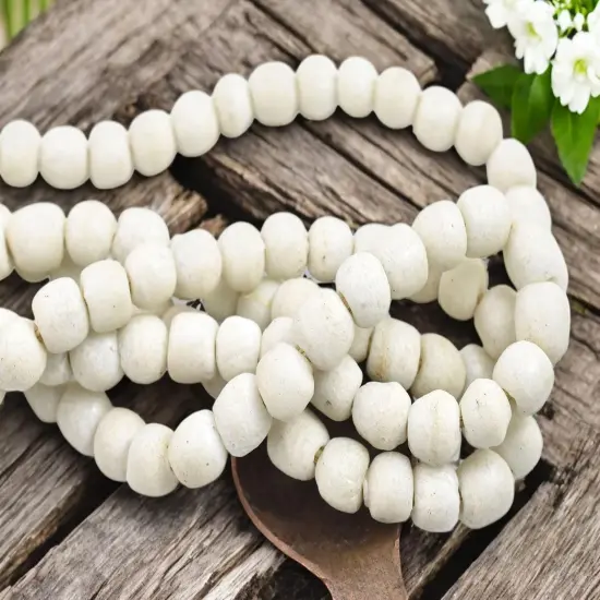 10-12mm Opaque Bone White African Recycled Glass Beads (19" Strand) {2}