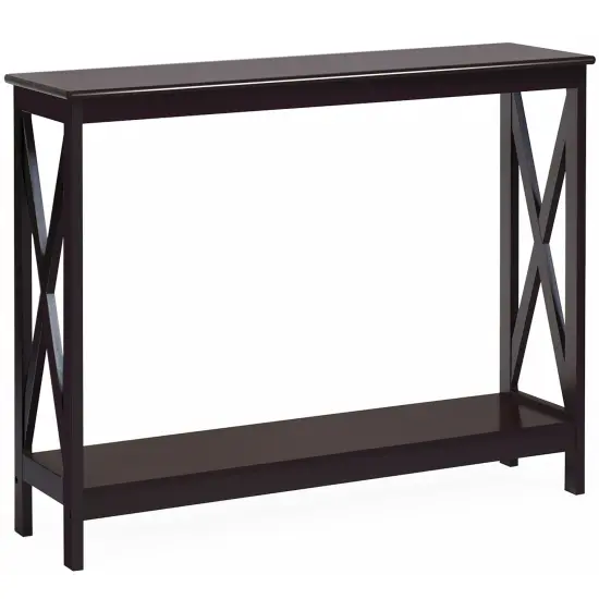Costway 2-Tier Console Table x-Design Bookshelf Sofa Side Accent Table w/Shelf White\ Black\Espresso\Wood Grain {1}