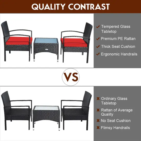 Costway 3 PCS Patio Wicker Rattan Furniture Set Coffee Table & 2 Rattan Chair W/Cushion {5}