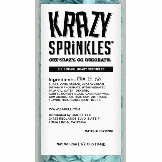 Krazy Sprinkles - Blue Pearl Hearts (1/2 Cup, 1x Jar) for Cakes, Ice Cream & Cookies {5}
