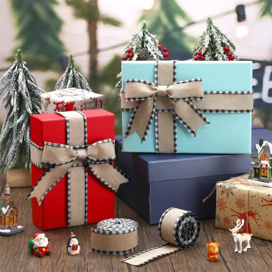 2 Rolls Christmas Buffalo Plaid Wired Edge Ribbons Christmas Tree Burlap Fabric Craft Wrapping Ribbon with Checkered Edge, 216 Inch(2.5 Inch Width,Black and White) {3}
