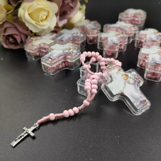 12 Party Favor Catholic Gifts with Gift Box Blue Rosary Beads Necklace Baptism {4}