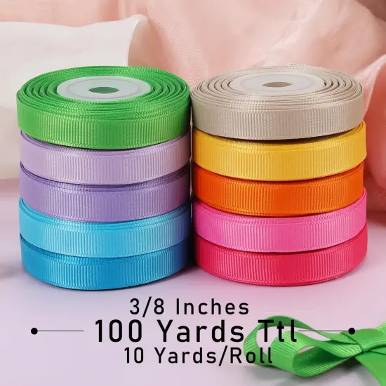 3/8 Inch 100 Yards Grosgrain Ribbon Set 10 Yd/Roll 10 Rolls Spring Easter Craft Ribbon for Gift Wrapping Floral Bouquets Wedding Party Decoration {1}