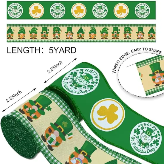 2 Rolls St Patrick's Day Ribbon, 2.55" x 5 Yards, Wired Edge Ribbon with Leprechaun & Shamrock Pattern, Green Plaid Border Decorative Ribbon for Holiday Party Home Decor Wreath Making Gift Wrap {2}