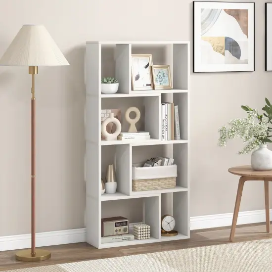48 Inch 4-Tier Geometric Bookshelf with 8 Cubes for Living Room Bedroom White {2}