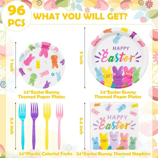 96Pcs Easter Bunny Peeps Party Plates Supplies - Happy Easter Rabbits Party Tableware Decorations Disposable Paper Plates Napkins Forks for Kids Spring Birthday Baby Shower, Serves 24 {2}