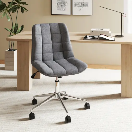 Adjustable Height Upholstered Armless Desk Chair with 5 Smooth Rolling Wheels and Metal Base {2}