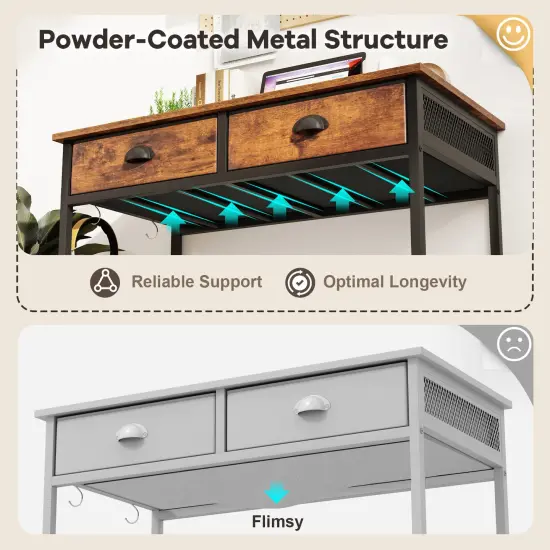 Space Saving Home Office Desk with 2 Fabric Drawers and 4 Hanging Hooks Rustic brown {6}