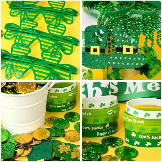 180Pcs St. Patrick's Day Accessories Party Favor Set, Tattoo Stickers, Necklaces, Bracelets, Shamrock Glasses, Headbands, Mustaches, Coins and Kiss Me I'm Irish Sash for Irish Party Supplies {4}