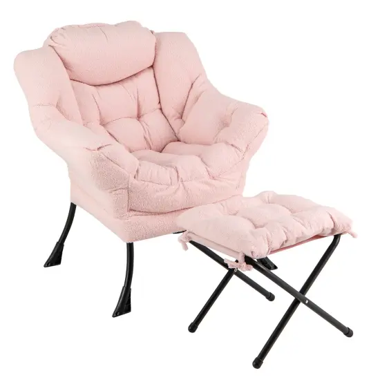Fabric Modern Accent Chair with Folding Footrest and Removable Head Pillow for Living Room Pink {1}