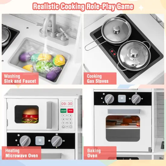 Pretend Play Kitchen Wooden Toy Set Kitchen Accessory Playset with Real Lights Sounds-White {6}