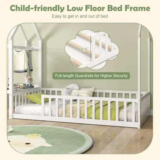 Twin House Floor Bed Montessori Bed Frame with Storage Shelf-White {6}