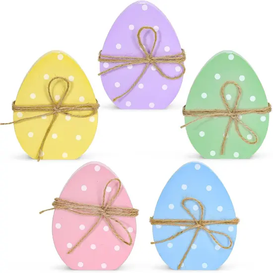 5Pcs Easter Egg Wooden Table Decor Polka Dots Egg Table Centerpieces Cute Spring Easter Standing Egg Wood Signs Easter Tiered Tray Tabletop Decoration with Rope for Home Party Decor {1}