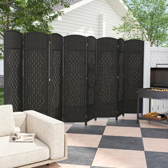 8-Panel Folding Room Divider with Hand-Woven Texture and Solid Wood Frame Black {3}