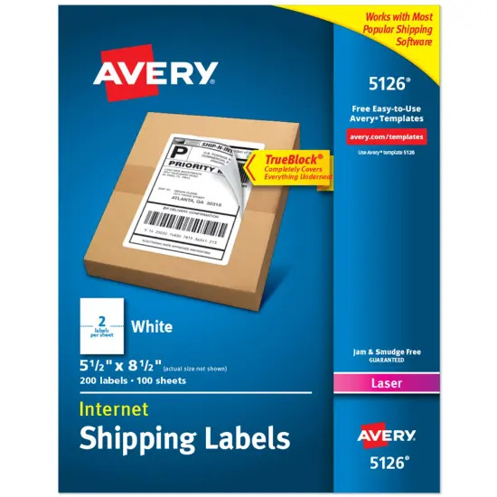 Avery Half-Sheet Printable Shipping Labels, 5.5" x 8.5" Customizable Stickers, White, 200 Blank Mailing Labels, Great for Mailing, Shipping, Organizing, and More (5126) {1}