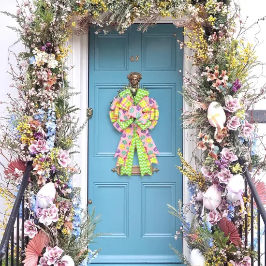 Large Easter Bows for Wreath 20x11 Inch, 2 Pack Pre-Tied Easter Egg Wired Ribbon Bow, Big Tree Topper Bow for Front Door Indoor Outdoor Spring Summer Decoration (Yellow) {5}