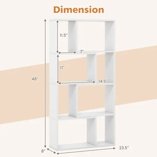 48 Inch 4-Tier Geometric Bookshelf with 8 Cubes for Living Room Bedroom White {5}