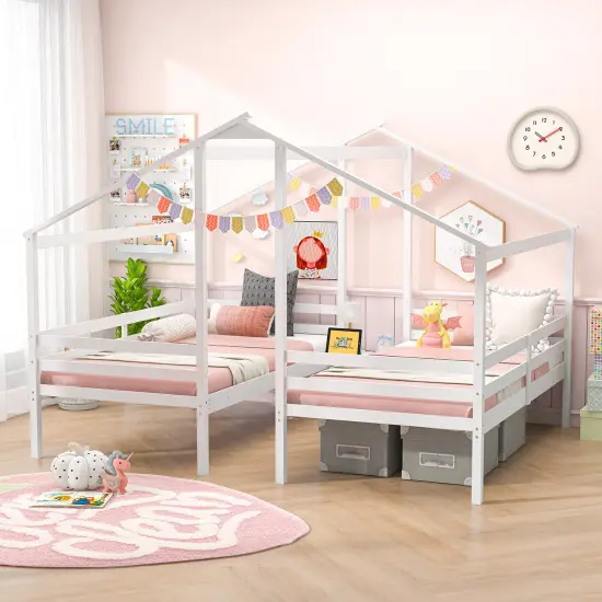 Double Twin Size Wooden Bed Frames with Built-in Table for Kids-White {6}