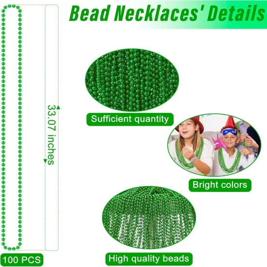 100PCS St Patricks Day Accessories, Green St. Patricks Day Beads Necklace, 33" Round Beads Irish Saint Patricks Necklaces Costume Bulk, Parade Throw Accessories for Wedding Birthday St. Patricks Decor {2}