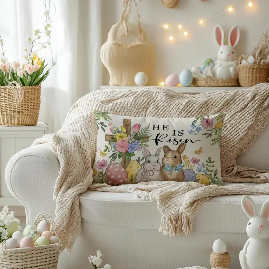 Easter Pillow Cover 12x20 Inch Cross Bunny Eggs Floral Decorative Pillow Case {2}
