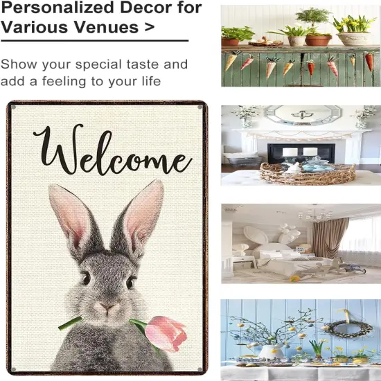 Women Teen Girls Bunny Lovers Easter Gift Funny Bunny Tulip Welcome Tin Sign for Home Room Yard Garden Vintage Easter Spring Decor 8x12 Inch (3093) {2}