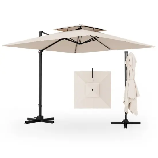 Aluminum 9.5 Feet Cantilever Patio Umbrella with 360&deg; Rotation and Double Top Coffee {8}