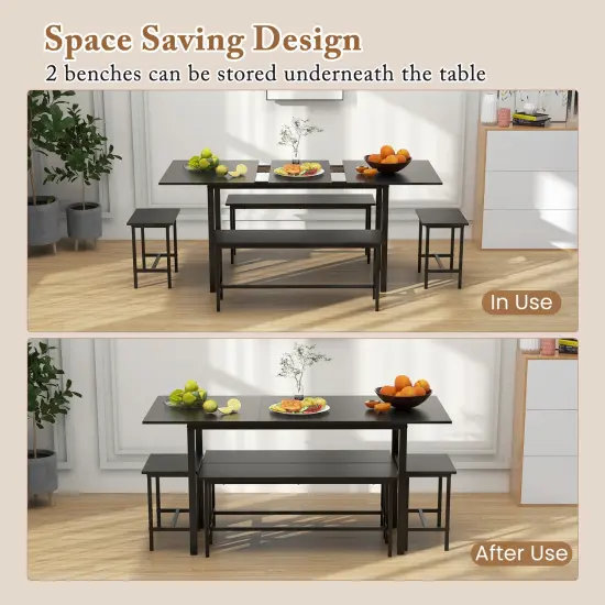 5 Piece Dining Table Set for 4-6, Includes 2 Benches & 2 Stools, Ideal for Kitchen & Dining Room Black {4}