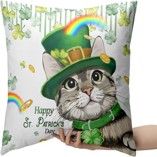 Happy St Patricks Day Pillows Covers 18x18 Pack of 2 Lucky Cat Clover Pillow Covers Rainbow Gold Coin Shamrock Decorative Pillow Cases Cushion Case for Living Room Couch Sofa {2}