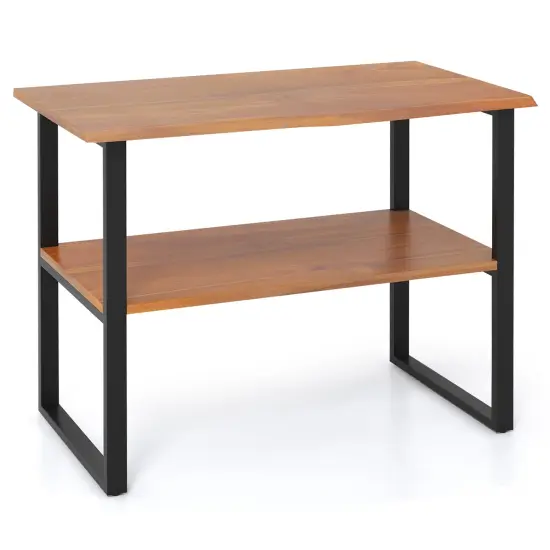 2-Tier Teak Wood End Table Sofa Side for Living Room Hallway Laundry {1}