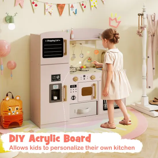 Wooden Kids Kitchen Playset with Chalkboard, Ice Maker, Sink & Lighted Microwave Pink {5}