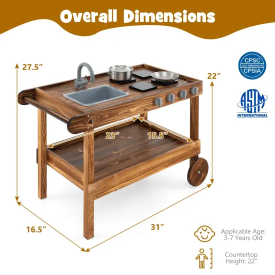 Wooden Outdoor Movable Mud Kitchen with 2 Rolling Wheels and Push Handle {5}