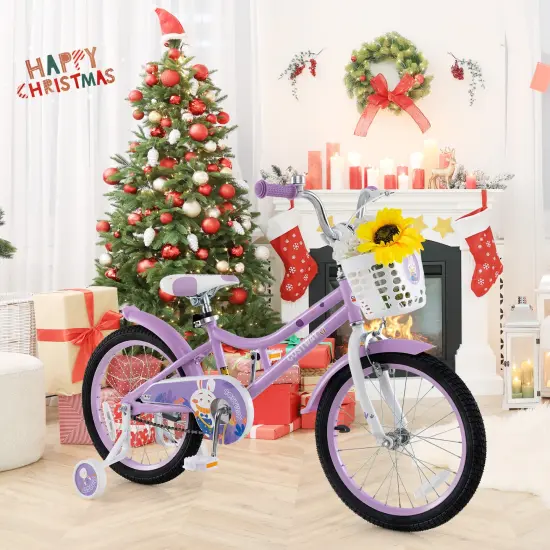 18 Inch Pink Girl Bike with Basket, Detachable Training Wheels for Kids 4-8 Years Old {3}
