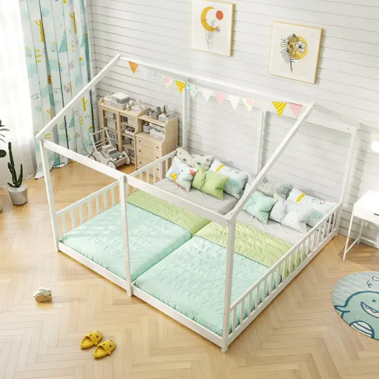 Double Floor Bed for Twins House Beds with Safety Guardrails for 2 Kids-White {5}