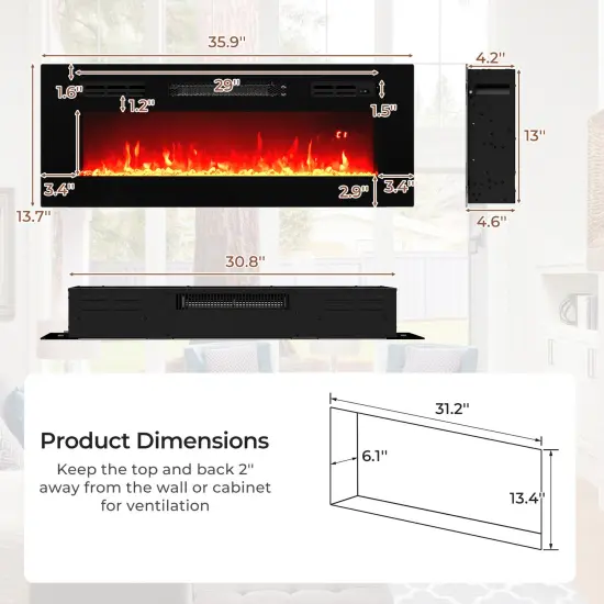 36 Inches Electric Fireplace Heater Recessed with LED Strip Lights and Remote Control {4}