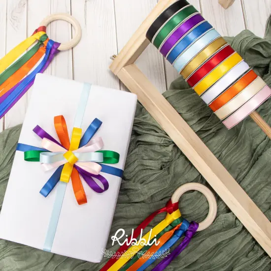 Rainbow Satin Ribbon 3/8 Inch x 12 Rolls Total 60 Yards- Colorful Ribbon for Gift Wrapping Craft Party Decoration Baby Shower Wedding {5}