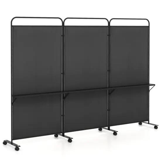 3-Panel Folding Room Divider with 3 Metal Shelves and Lockable Wheels Grey {10}