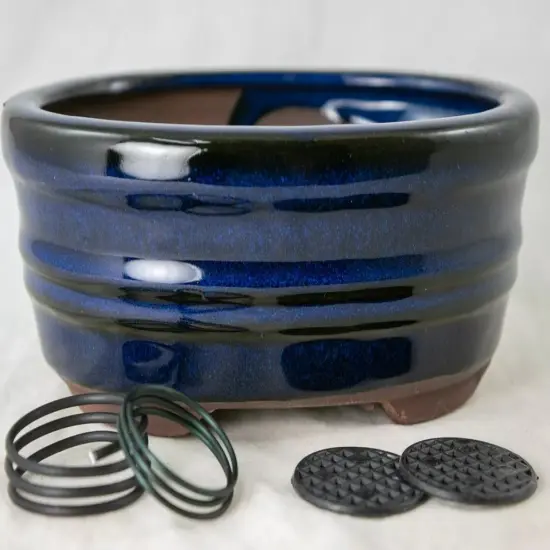 Oval Glazed Cactus & Succulent, Bonsai Pot with Mesh, Wire 6"x 4.5"x 2.5" - Blue {5}