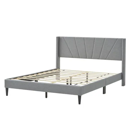 Platform Bed Frame with Linen Upholstered Wing-back Headboard and Solid Wood Legs {2}
