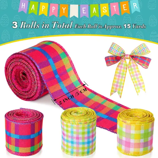 15 Yards Easter Plaid Ribbon 3 Roll 2 Inch Pastel Wired Ribbon Spring Gingham Fabric Ribbon for Gift Wrapping DIY Craft Birthday Wedding Baby Shower {6}