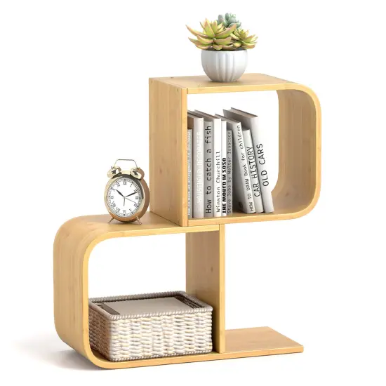 2-Tier S-Shaped Wicker Bookcase with 2 Open Cubes Perfect Addition for Living Room {4}