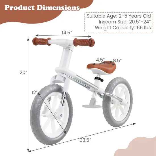Metal 12 Inch Balance Bike with Adjustable Seat and Rotatable Handlebar White {5}