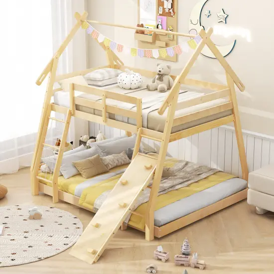 Twin Over Queen Bunk Bed Wooden Kids Bed with Climbing Nets and Ramp-Natural {5}