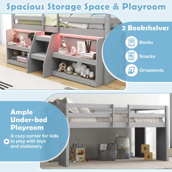 Twin Size LED Lighted Loft Bed with Staircase and Safety Guardrail Perfect for Kids Grey {6}